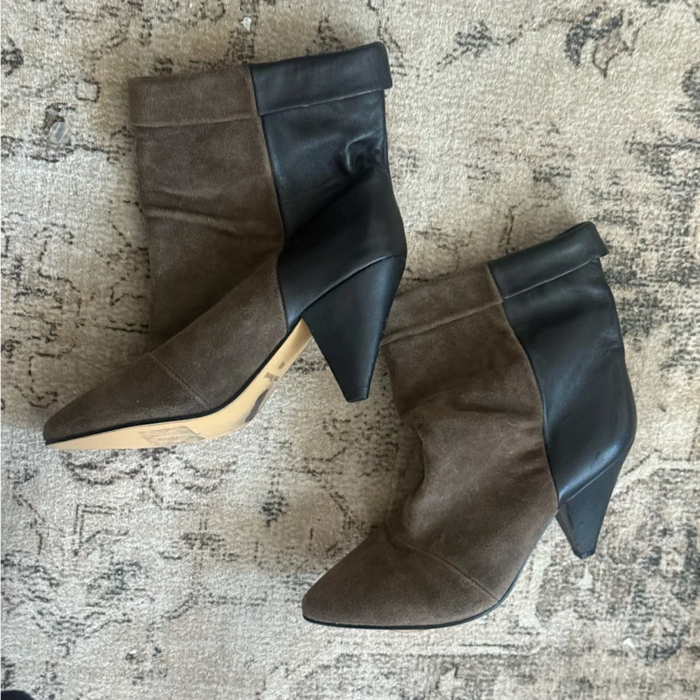 Isabel Marant Brown Suede and Black Leather Pointed Short Boots - Picture 1 of 11